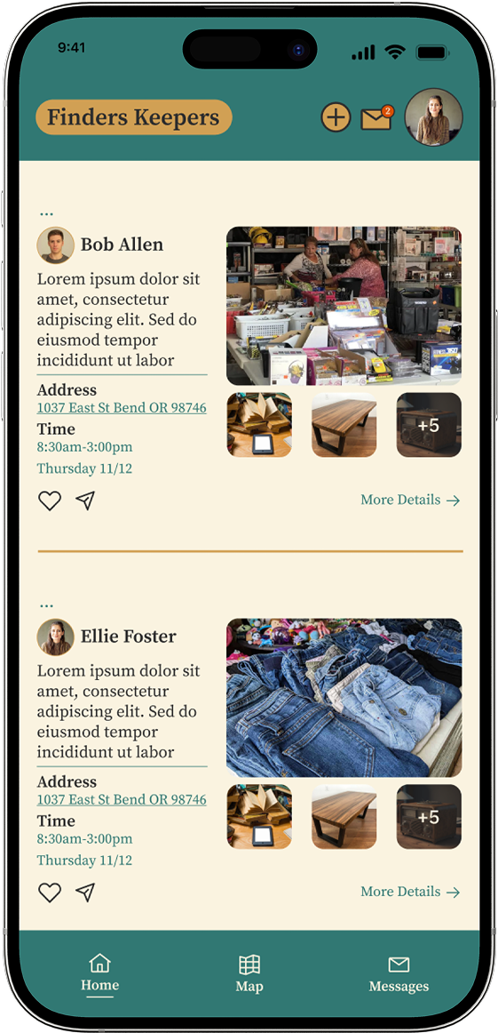 Finders Keepers feed screen showing garage sale listings