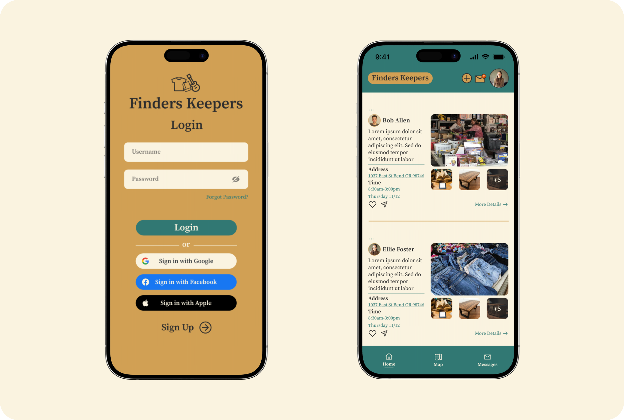 Finders Keepers mobile app interface showing login and feed screens