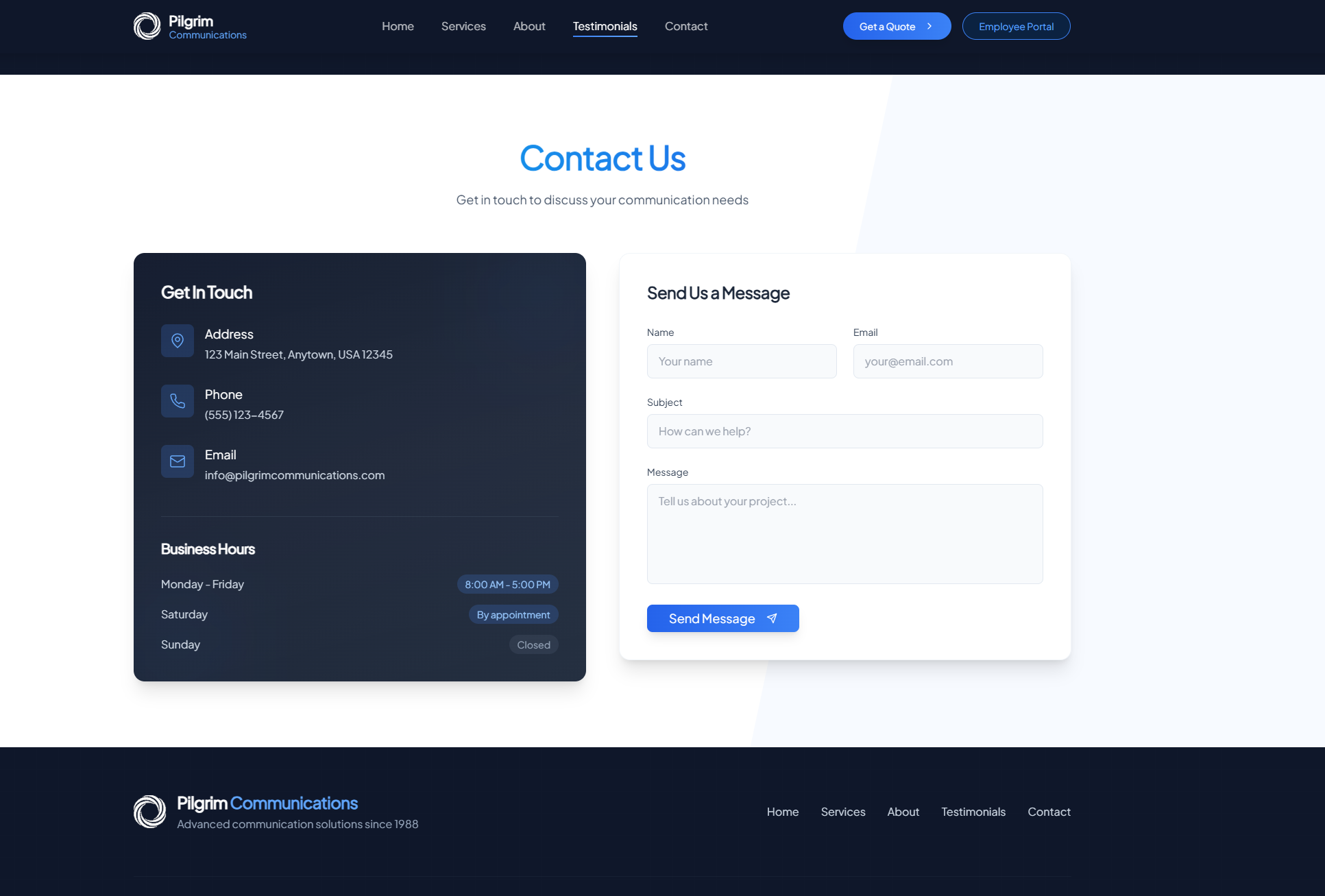 Pilgrim Communications contact page